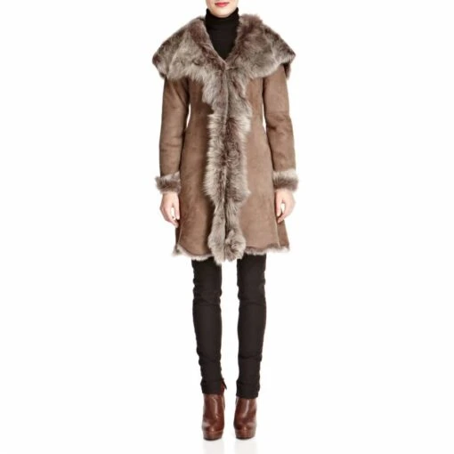 Taupe Waterfall Hooded Shearling Coat