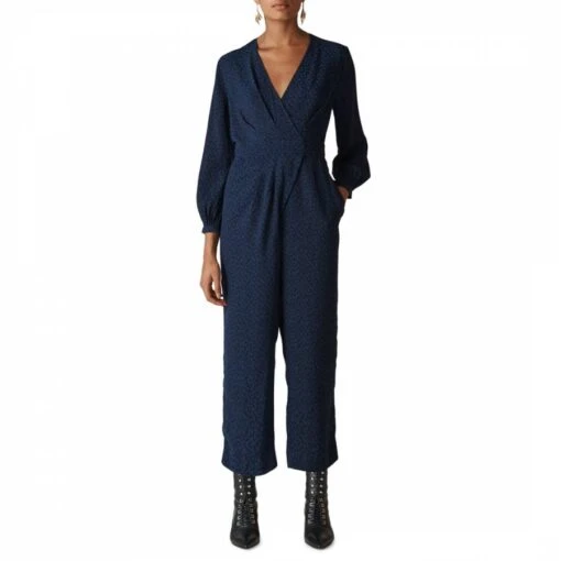 Whistles Navy Animal Jacquard Wrap Jumpsuit