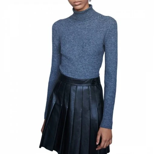Maje Blue Fitted Polo Neck Wool Blend Jumper