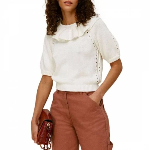 Whistles White Frill Neck Knit Top