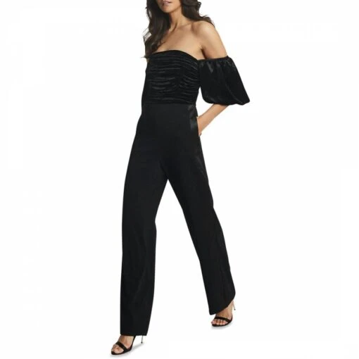 Reiss Black Julianna Puff Sleeve Silk Blend Jumpsuit