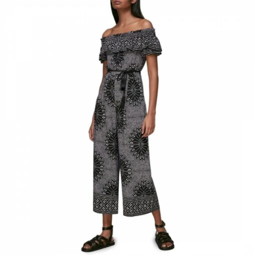 Whistles Black Print Bardot Jumpsuit