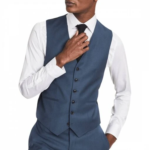 Reiss Blue Plain Weave Wool Waistcoat
