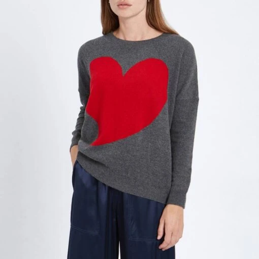 Grey / Red Quirky Heart Cashmere Jumper