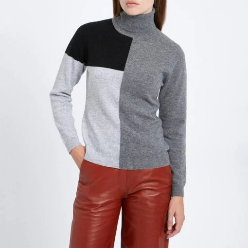 Grey Geo Colourblock Cashmere Jumper