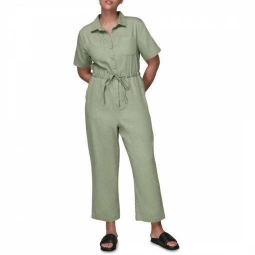Whistles Green Nova Tie Detail Cotton Blend Jumpsuit