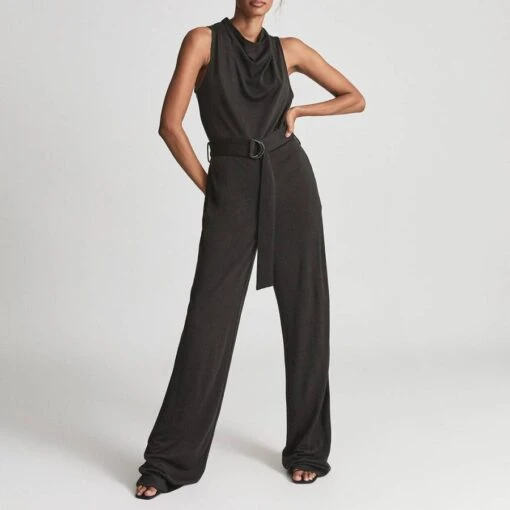Reiss Dark Green Milo Cowl Neck Wool Blend Jumpsuit