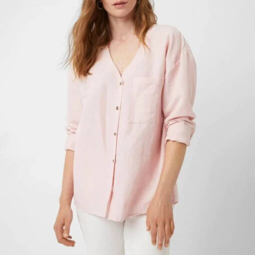 Pink Cotton/Linen Blend V-Neck Shirt