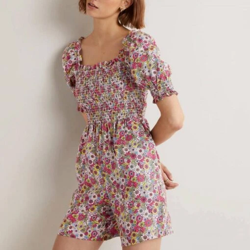 Boden Pink Floral Smocked Bodice Playsuit