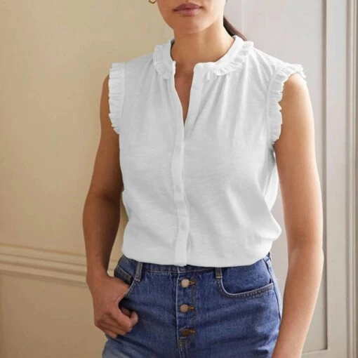 Boden White Daphne Frilly Cotton Shirt