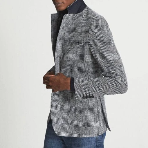 Reiss Navy Check Print Cotton Blend Jacket