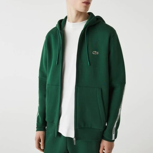Lacoste Green Branded Arm Stripe Zip Hoodie