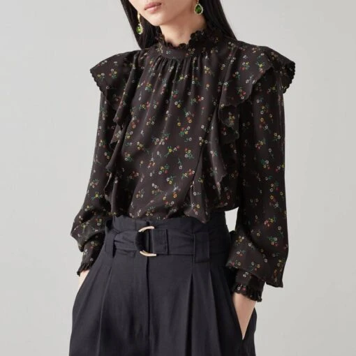 Black Floral Selene Ruffle Blouse