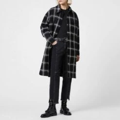 AllSaints Black Nia Checked Longline Wool Blend Coat