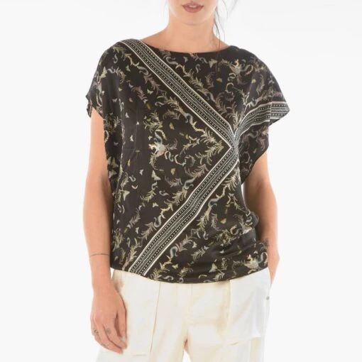 AllSaints Black Kali Assam Printed Silk Blend Top