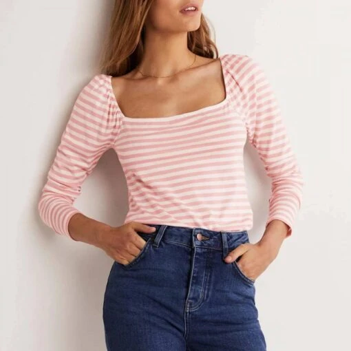 Boden Pink Stripe Square Neck Jersey Top