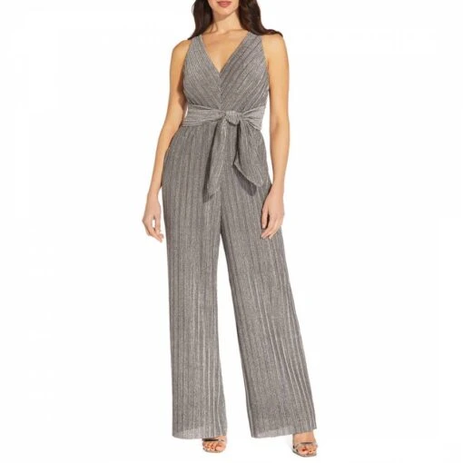 Adrianna Papell Dark Silver Metallic Pleat Jumpsuit