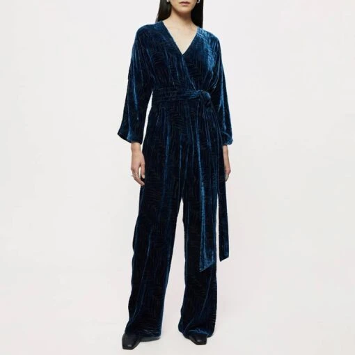 Blue Animal Print Velvet Jumpsuit