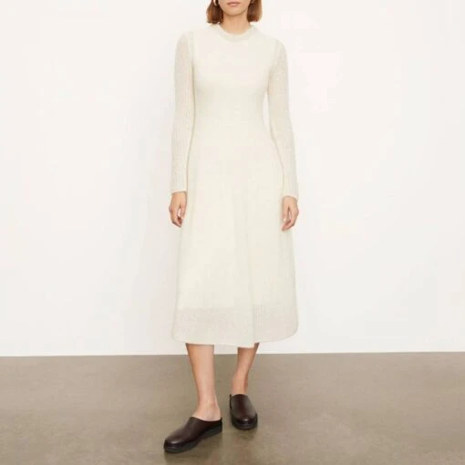 Vince Ecru Textured Long Sleeve Dress