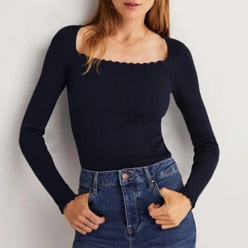 Boden Navy Ribbed Square Neck Knitted Top
