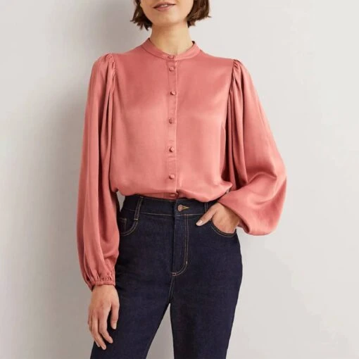 Boden Pink Blouson Sleeve Satin Shirt