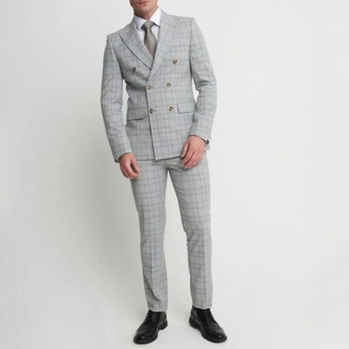 Grey Check Double-Breasted 2-Piece Suit