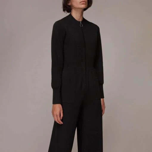 Whistles Black Zip Front Cotton Blend Jumpsuit