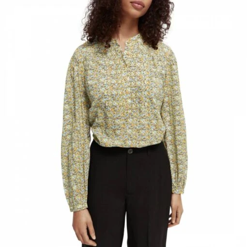Scotch & Soda Green Cotton Blend Flowy Boho Long Sleeve Top