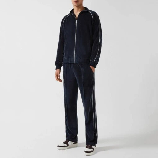 Reiss Navy William Velour Cotton Blend Zip Jumper