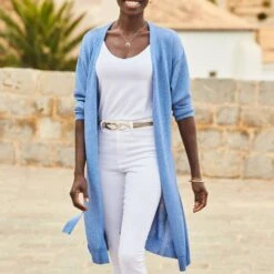 Blue Metallic Longline Belted Cardigan
