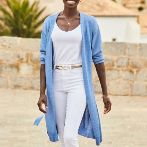 Blue Metallic Longline Belted Cardigan