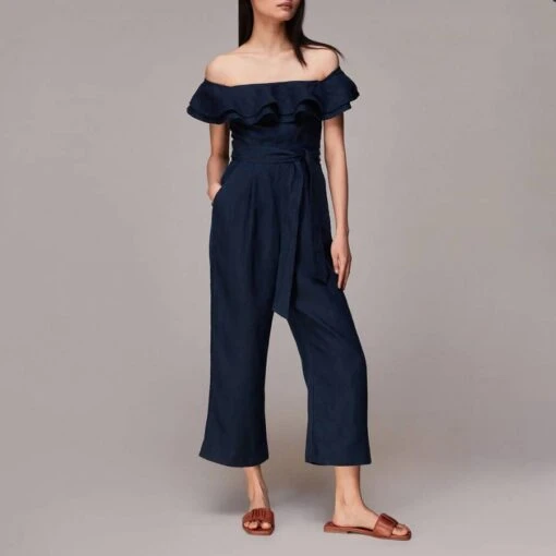 Whistles Navy Tabi Linen Bardot Jumpsuit