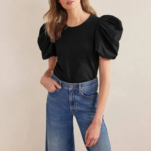 Boden Black Puff Sleeve Jersey Top