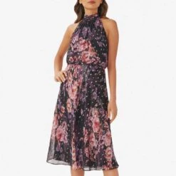 Adrianna Papell Black Floral Print Chiffon Halter Dress