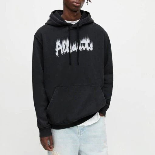 AllSaints Washed Black Smudge Logo Cotton Hoodie