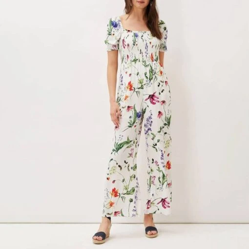 White Floral Zaylah Shirred Waist Jumpsuit