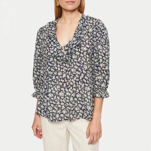Black Cottage Ditsy Ruffle Cotton Top