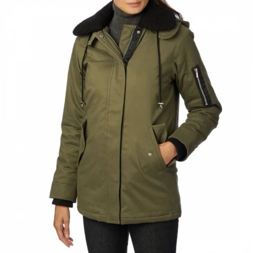 Maje Khaki Groopy Hooded Cotton Blend Coat